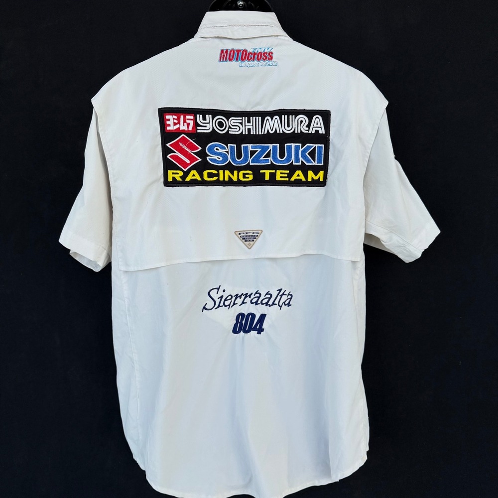 Suzuki Racing Team‎ Shirt Medium Columbia PFG White Motocross Patches Fox Racing